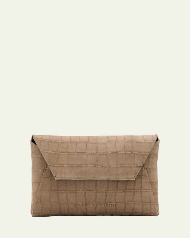 Duo Mini Croc-Embossed Suede Pouchette Clutch Bag
